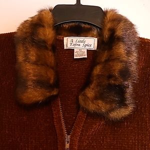 A Little Extra Spice dark brown fur collar chenille zip front sweater Sz 3X